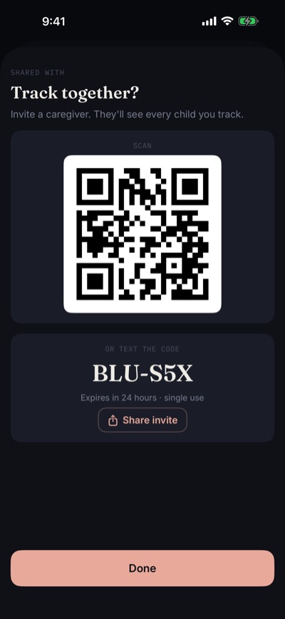 Invite caregiver screen with a scannable QR code and a short one-time code that expires in 24 hours.